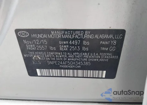 2016 Hyundai Sonata Se из США, поврежденный, VIN 5NPE24AF5GH345385